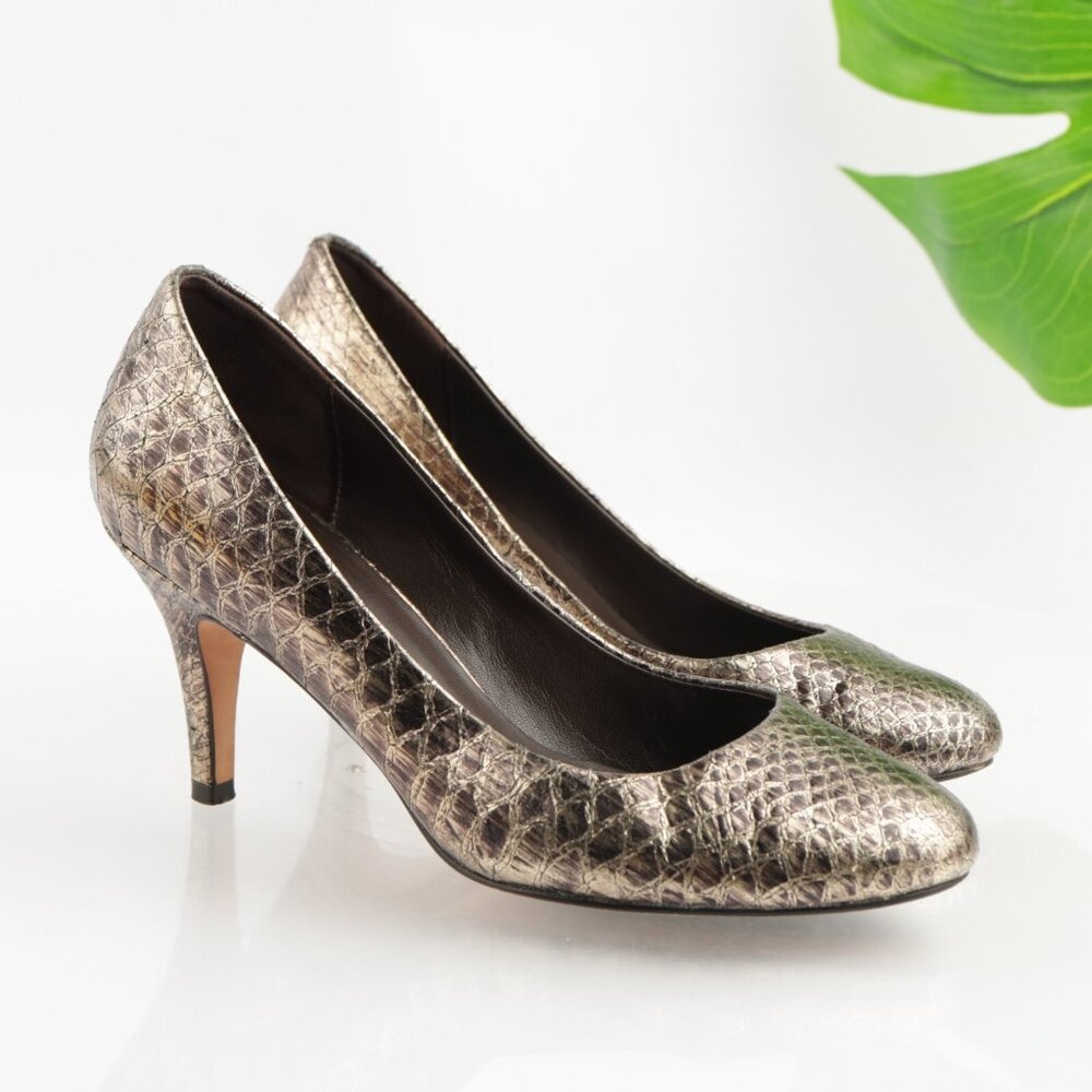 Cole Haan Womens Pump Size 7.5 Brown Silver Leather Snakeskin Metallic Mid Heels